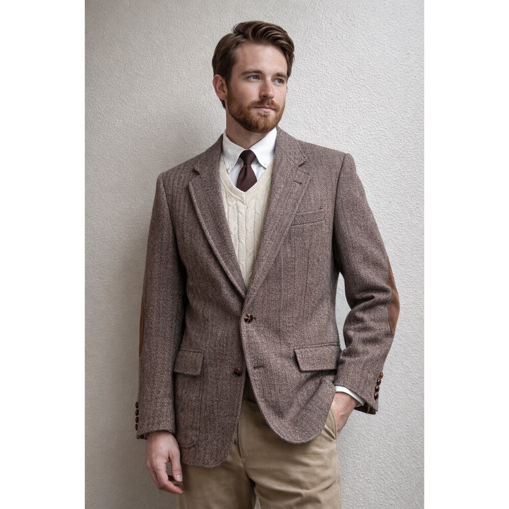 Vintage Haggar Imperial Herringbone Wool Sport Coat 42L Suede Elbow Patches Brn